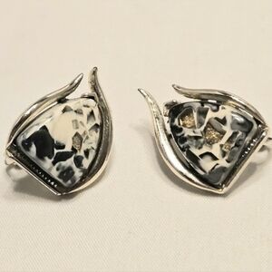 Vintage Coro Black and White Confetti Clip-On Earrings with Gold Flecks